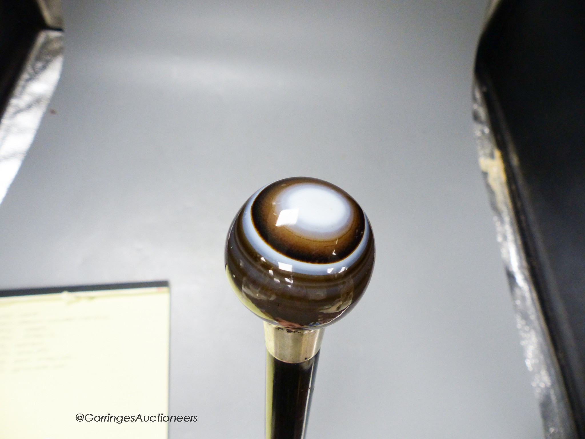 A late Victorian banded agate ball top cane, maker’s mark RB, London 1891, 91cm